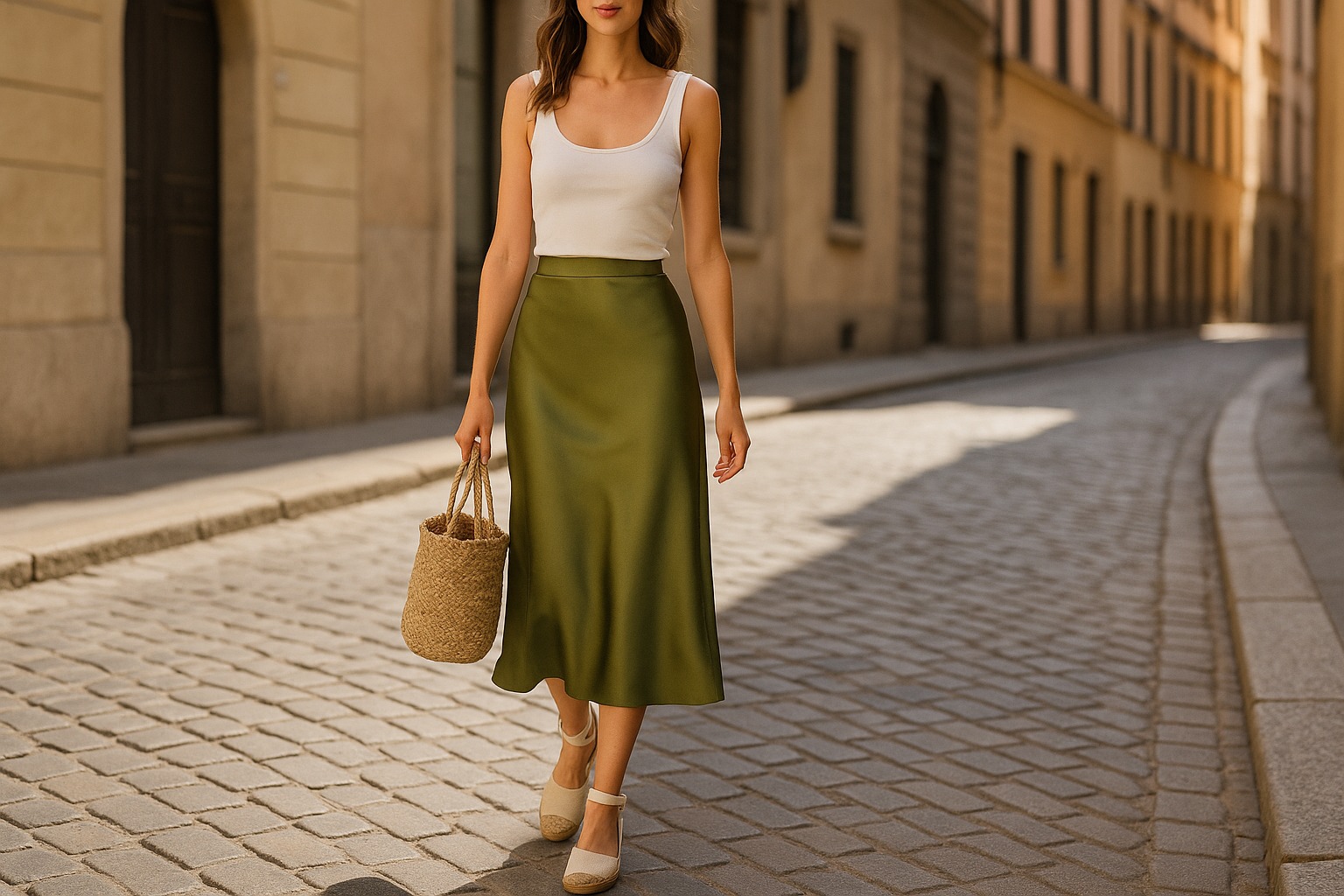 Lagani top na bretele i pletena torba spuštaju satensku suknju u savršeno ležeran letnji stil