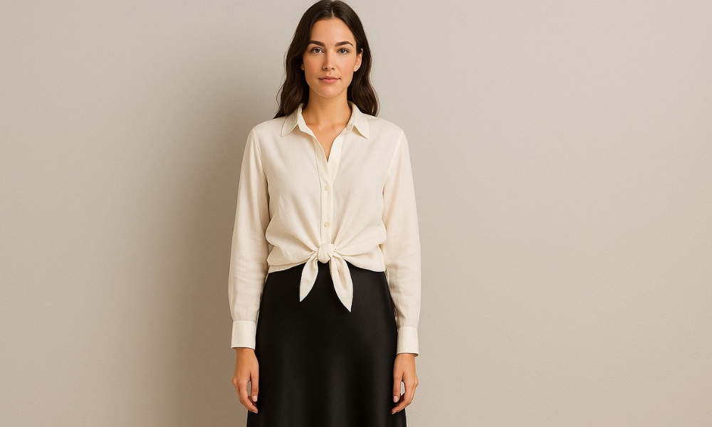 Satenska suknja uz košulju na vezivanje