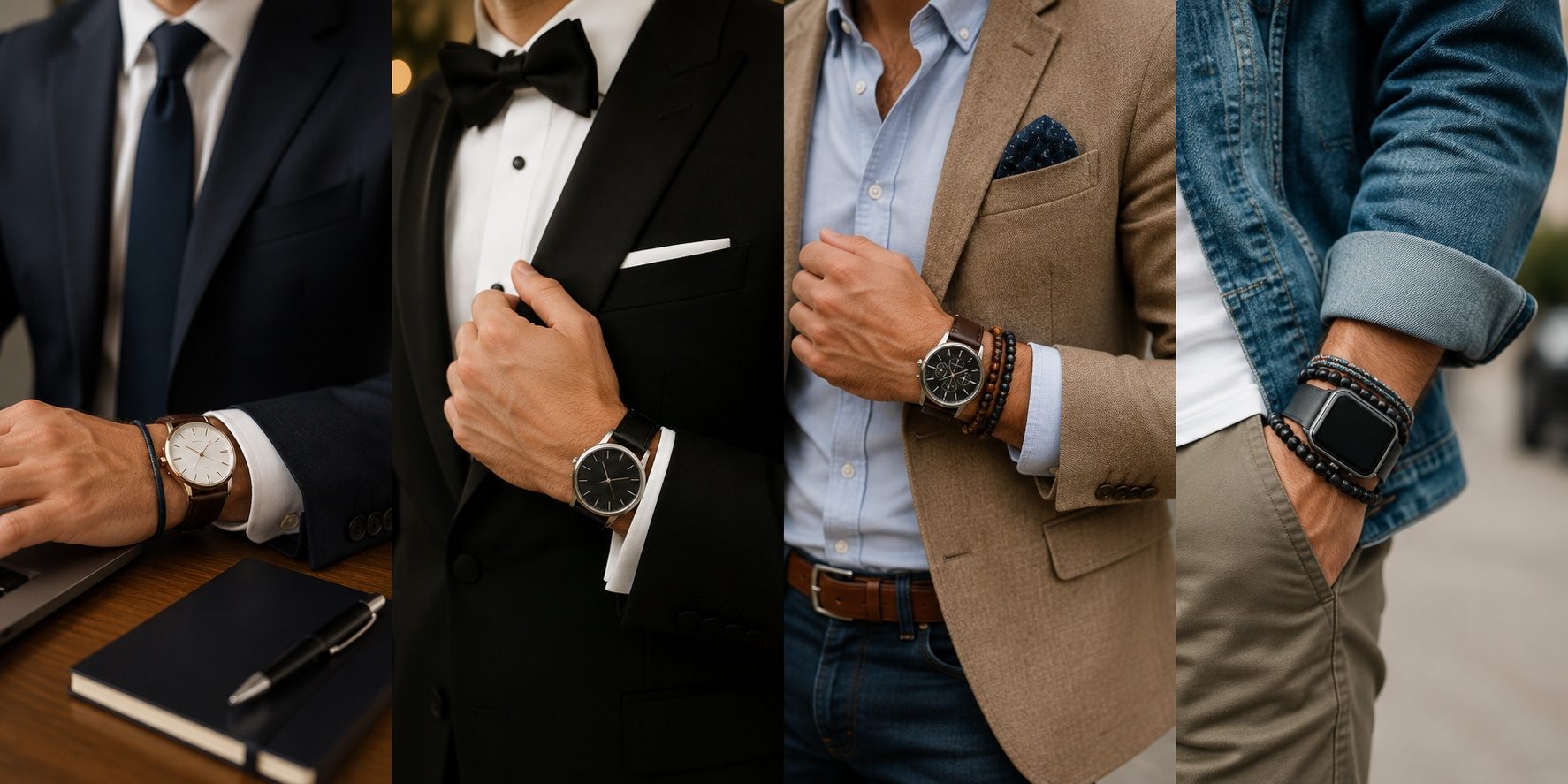 Poslovni, svečani, smart-casual i ležerni muški stil sa satovima i narukvicama.